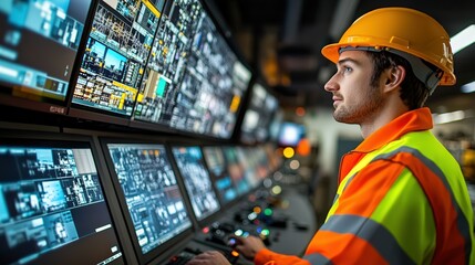 Worker in high-visibility jacket and hard hat monitoring multiple screens in an industrial control room with complex instrumentation and machinery