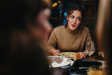 A young woman converses with friends over dinner in a warm and inviting setting. A glass of wine...