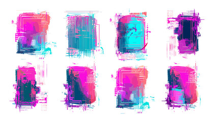 Neon glitch effect vignettes vector with grunge texture, cyberpunk abstract digital aesthetics, futuristic distorted elements, vibrant color splash, transparent background © aura studio