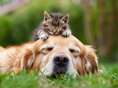 Playful Kitten Climbs onto Sleeping Dog's Head in a Humorous and Unexpected Moment