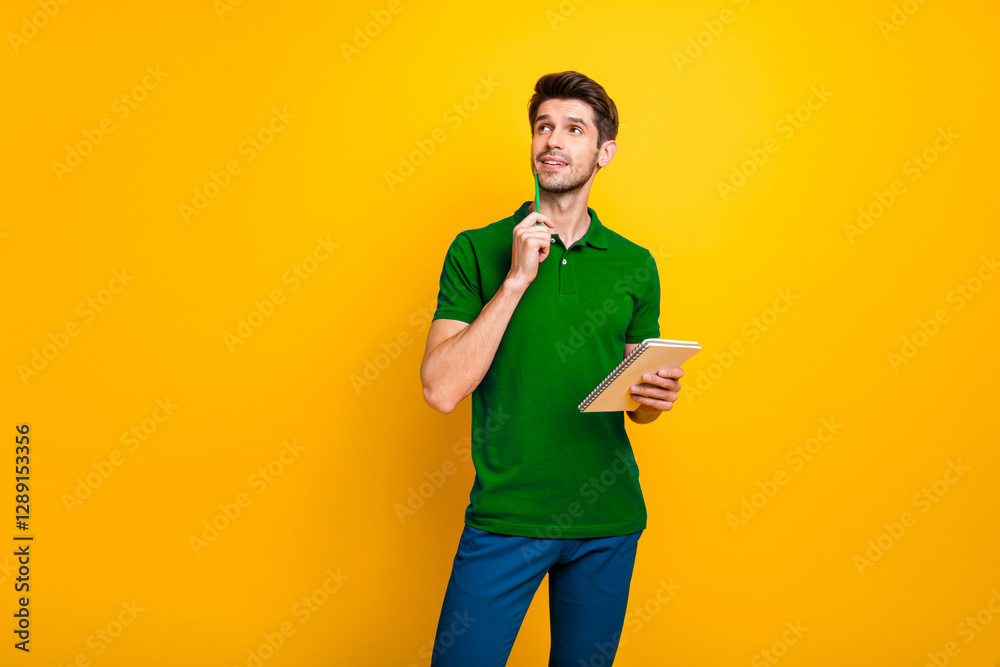 Poster portrait of his he nice attractive minded focused concentrated guy creating making notes exercise bo