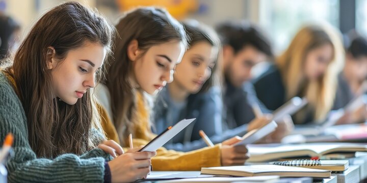 Focused Study: A diverse group of young students is engrossed in focused study, their faces illuminated by the light of digital devices and the pages of open books.