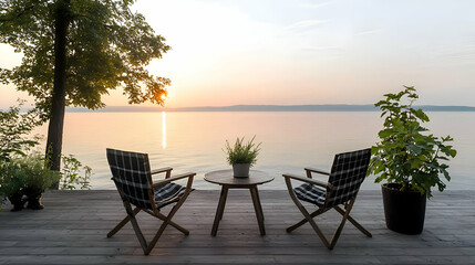 Fototapeta premium Peaceful Sunrise Over a Calm Lake with Chairs and Plants