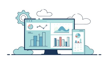 Data analytics platform icon with cloud-based charts and graphs representing AI-driven insights