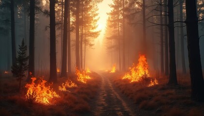 Fototapeta premium Forest fire with smoke. Flames burn trees and dry grass. Concept of disaster and ecology. Wildfire damages environment and wildlife. Burning wood emits carbon to atmosphere.