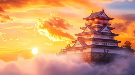 Obraz premium Majestic Samurai Castle Under Golden Sunset Sky with Dramatic Clouds