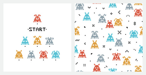 Kids Poster and Seamless Pattern of Retro Pixel Video Game Abstract Aliens Characters. Funny Space Monsters in Pixel Art Style. Old School Arcade Game Computer Graphic Design. Vector illustration