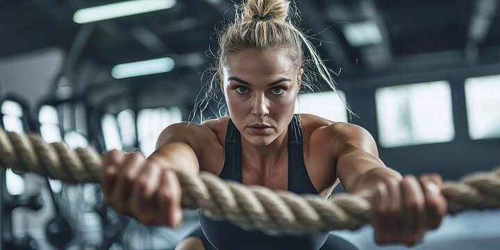 Strength and Resolve: A determined woman, embodying fitness and athleticism, grips a thick rope with unwavering focus, ready to conquer her workout in the stark environment of a modern gymnasium. 