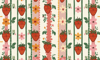 Modern vector illustration of a seamless floral and strawberry pattern, easily editable © TrustMaker Design