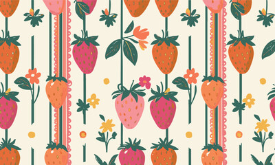 Modern vector illustration of a seamless floral and strawberry pattern, easily editable © TrustMaker Design