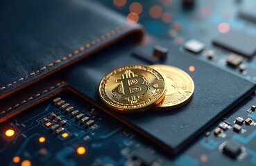 Close-up of golden Bitcoin coins lying beside dark leather wallet over electronic circuit board. Digital wallet, cryptocurrency financial security, secure crypto wealth, modern cashless payments,