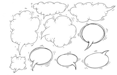 doodles Speech bubble white blank set. Different geometric shape, cartoon element for chat, message box, talk, dialog, speak, comic retro empty paper background, communication, thought banner