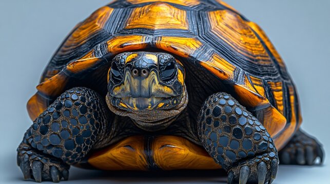 Yellow footed tortoise walking on white background