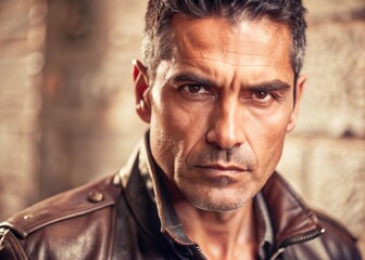 Fototapeta premium Strong jawline confident middle-aged hispanic man in leather jacket photography