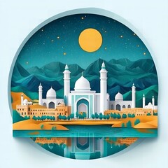 Obraz premium Majestic Mosque at Night Paper Cut Art Style Scenic View of Mountains and Desert Landscape