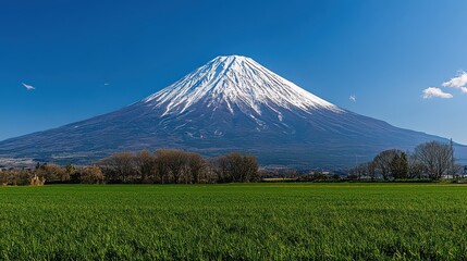 Fototapeta premium Frontal shot of Mt. Fuji during a bright, sunny day, with its snow-covered peak contrasting against the deep blue sky and green fields below.