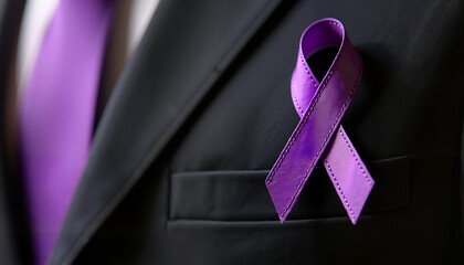 Purple awareness ribbon on black suit for support and advocacy.