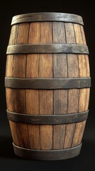Fototapeta premium Wooden barrel with metal bands against dark background, rustic craftsmanship and vintage storage concept