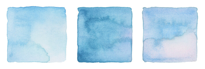 PNG Ink watercolor hand drawn square stain blot. Wet blue pastel color paper texture background. Set.