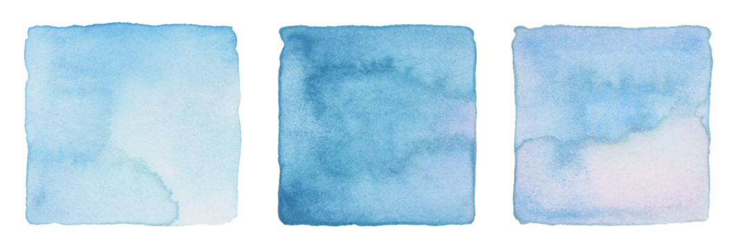PNG Ink watercolor hand drawn square stain blot. Wet blue pastel color paper texture background. Set.