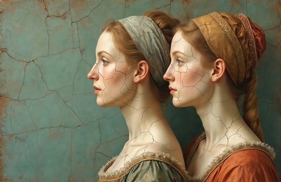 Two renaissance women pose in profile, face cracked fresco painting style. Portrait shows cracked skin texture. History, culture theme, Italian art, Europe, vintage, antique style face.
