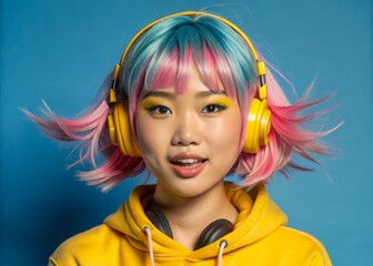 Captivating portraits of a teenage east asian girl with dyed pink hair and headphones in a vibrant studio setting