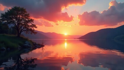 Fototapeta premium Sunset over a still and tranquil lake surface, warmth, peaceful