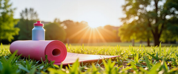 Yoga mat and water bottle in sunlit park, fitness preparation