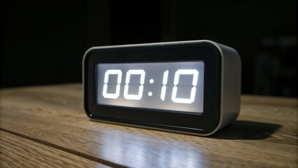 Modern digital alarm clock displaying ten seconds countdown on a wooden table in a dimly lit environment