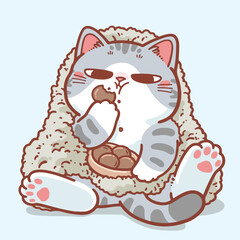 A cute gray tabby cartoon cat lounges comfortably under a fluffy blanket while eating snacks with a relaxed. 