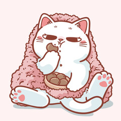 A cute white cartoon cat lounges comfortably under a fluffy blanket while eating snacks with a relaxed. 