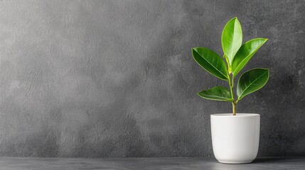 Small plant in white pot against grey wall
