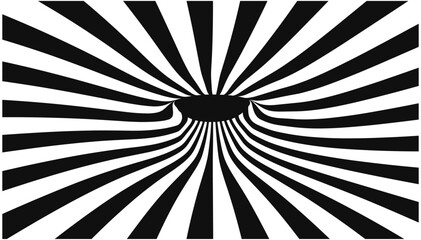 Optical illusion with warped wormhole effect in center, black and white stripe pattern, abstract tunnel, vortex background, wavy lines, futuristic swirl, spiral effect