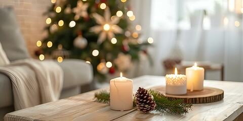 Cozy Holiday Scene with Candles, Pinecones, and Christmas Tree