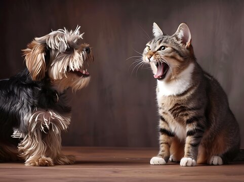 A Grumpy British Shorthair Cat with Sunglasses and a Happy Dog in a Bowtie