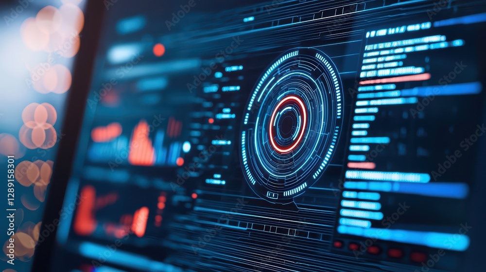 Poster futuristic digital dashboard with interactive data charts and graphs
