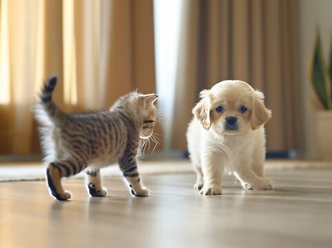 Playful Kitten Swatting at Confused Puppy&rsquo;s Tail in Adorable Animal Moment