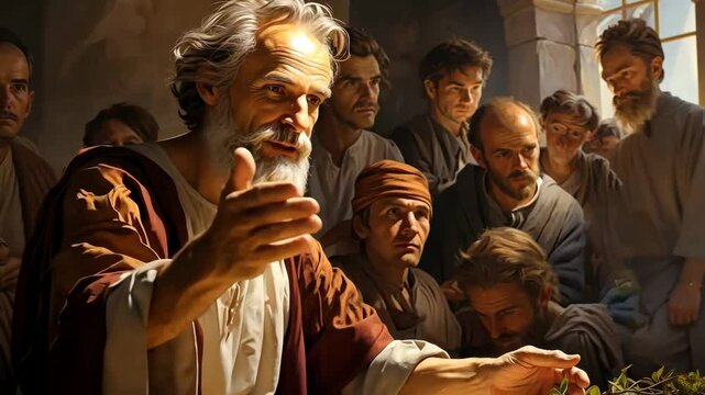 A prophet preaching the Word of God in the synagogue to the crowd 4K