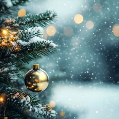 Snowy Christmas Tree Branch with Golden Ornament and Glowing Lights