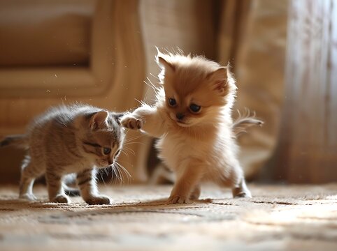 Playful Kitten Swatting at Confused Puppy&rsquo;s Tail in Adorable Animal Moment
