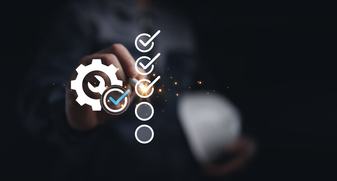 An engineering process checklist system focusing on performance verification and workflow control. Represents efficiency, compliance and quality assurance in technical and operational processes