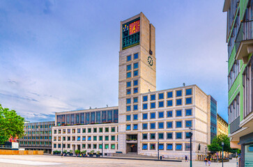 Stuttgart Town Hall Rathaus City Hall functional architecture building with clock tower on...