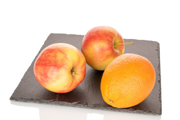 Two ripe apples and an orange on a slate stone, close-up, isolated on a white background.