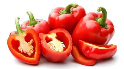 Fresh Red Bell Peppers Sliced and Whole on a White Background Displaying Natural Colors and Texture