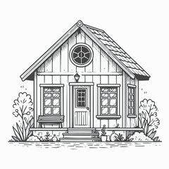Hand-drawn rustic house illustration with large window and front porch