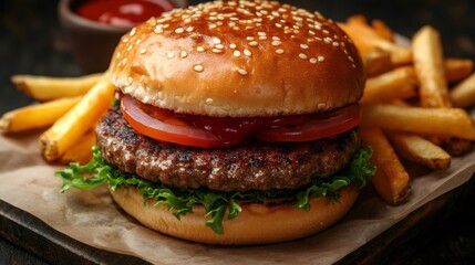 Delicious burger with french fries and ketchup on rustic wooden board