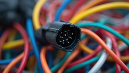 Close-up of colorful wire harness, plastic connector. Automotive industry component, used in vehicle manufacturing. Multi-colored electrical cables, power cords bundle. Connection, data, networking