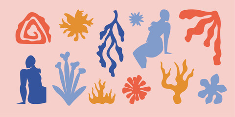 Summer botanical set with abstract floral design elements. Tropical Silhouettes of flowers, plants and woman figure enjoying sunset on nature. Abstract shapes leaves flat art. Isolated.