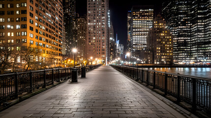 Fototapeta premium Night City Walkway with Illuminated Buildings and Water
