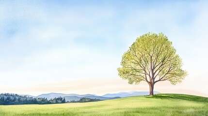 Fototapeta premium Serene Watercolor Landscape with Tree and Soft Morning Sky